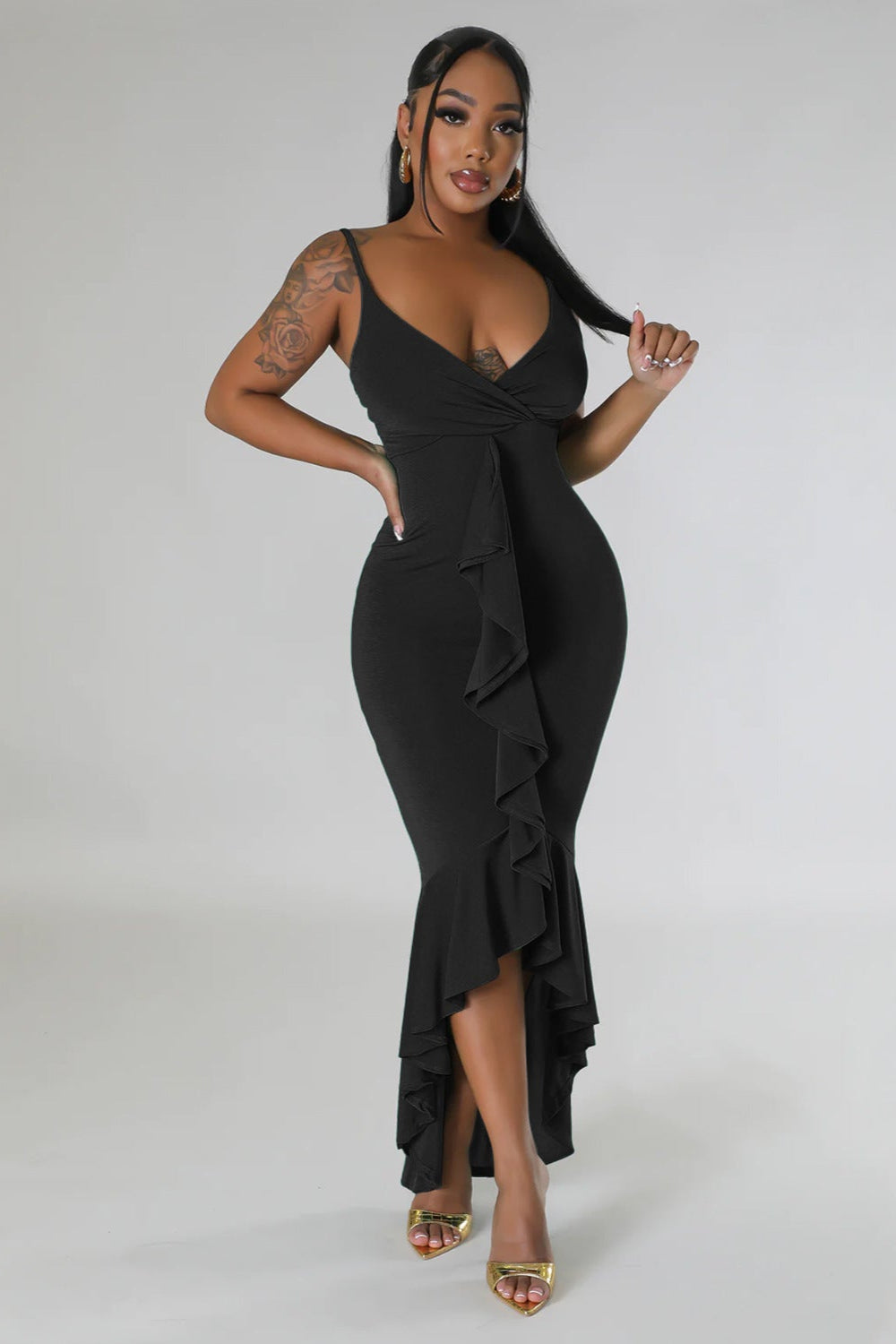 Black Ruffle Curve Hugging Sexy Maxi Party Dress