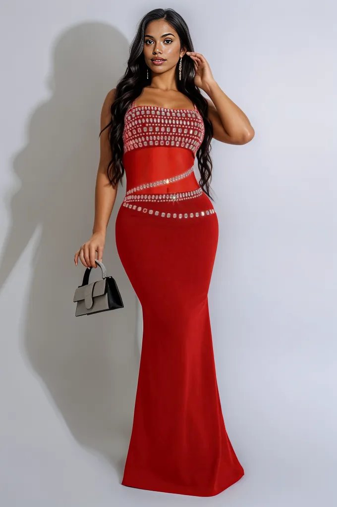 Red Big Rhinestones Gem Mesh Sexy Fitted Mermaid Maxi Party Dress