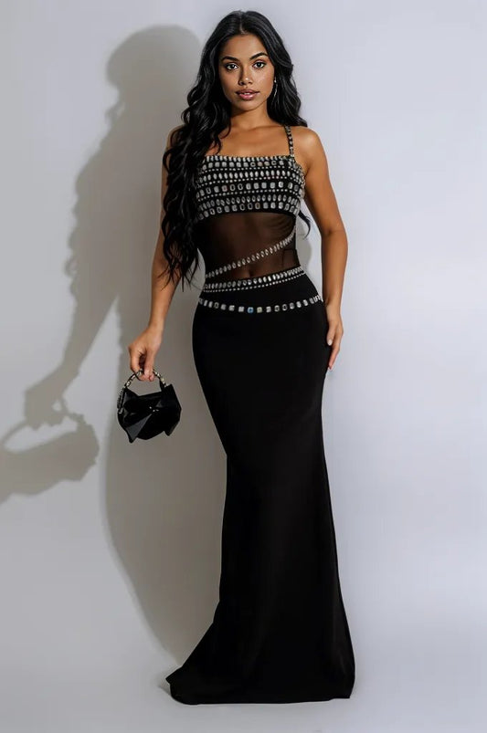 Black Big Rhinestones Gem Mesh Sexy Fitted Mermaid Maxi Party Dress