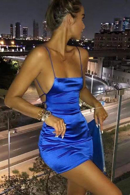 Royal Blue Satin Ruched Backless Strappy Sexy Fitted Dress