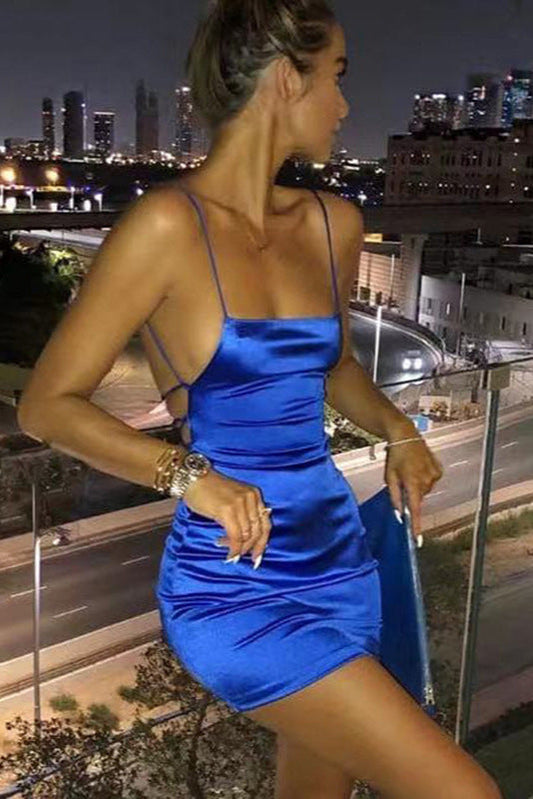 Royal Blue Satin Ruched Backless Strappy Sexy Fitted Dress