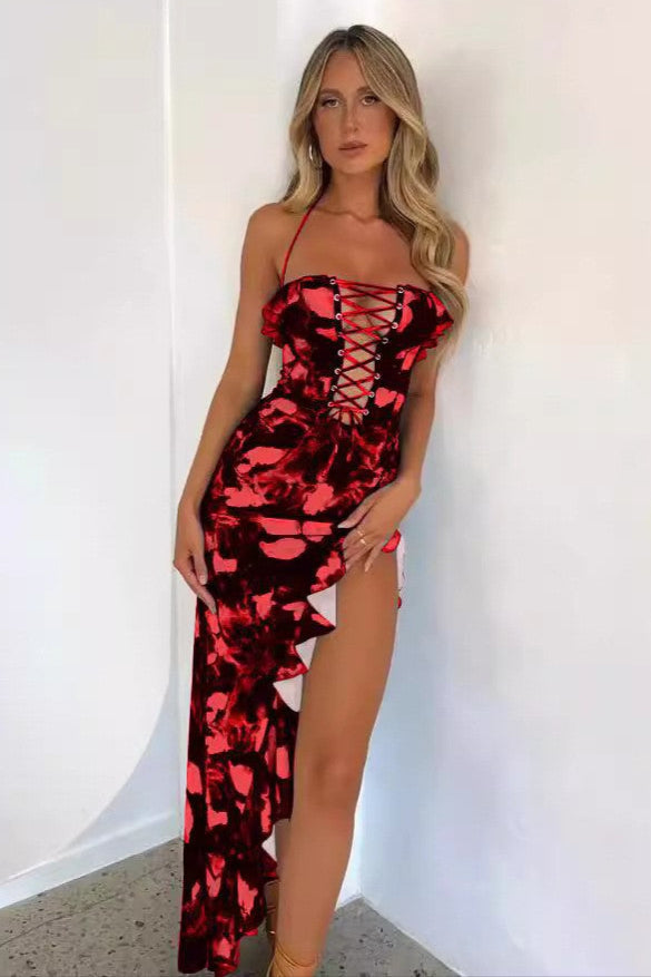 Red Printed Lace-Up Ruffle Asymmetrical Sexy Maxi Dress