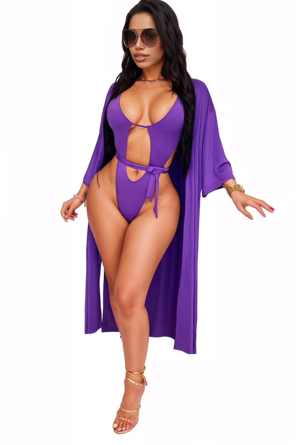 Purple Strappy Monokini Kimono Cover-Up 2Pc Swimsuit Set