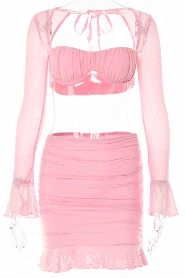 Pink WIred Push-Up Mesh Double Layer Ruched Ruffle Sexy 2Pc Dress Set