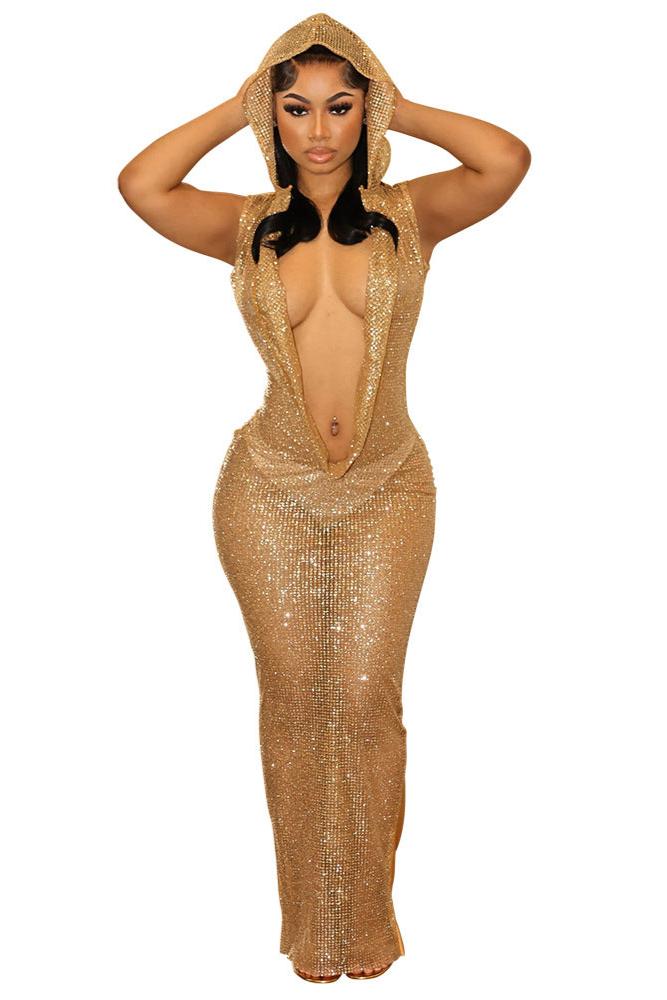 Gold Sequin Hooded Deep Plunging Neck Open back Sexy Full Length Party Dress