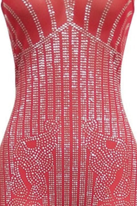 Red Rhinestones Mesh Sleeveless Party Romper