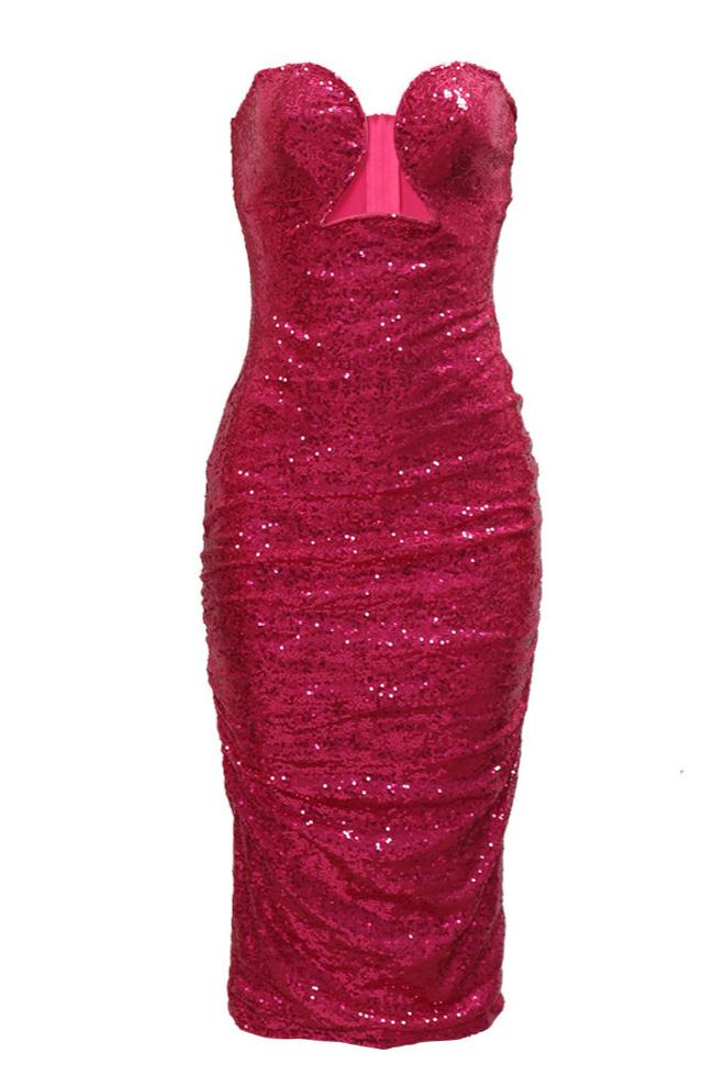 Hot Pink Sequin U-Wired Plunging Strapless Full Length Party Dress