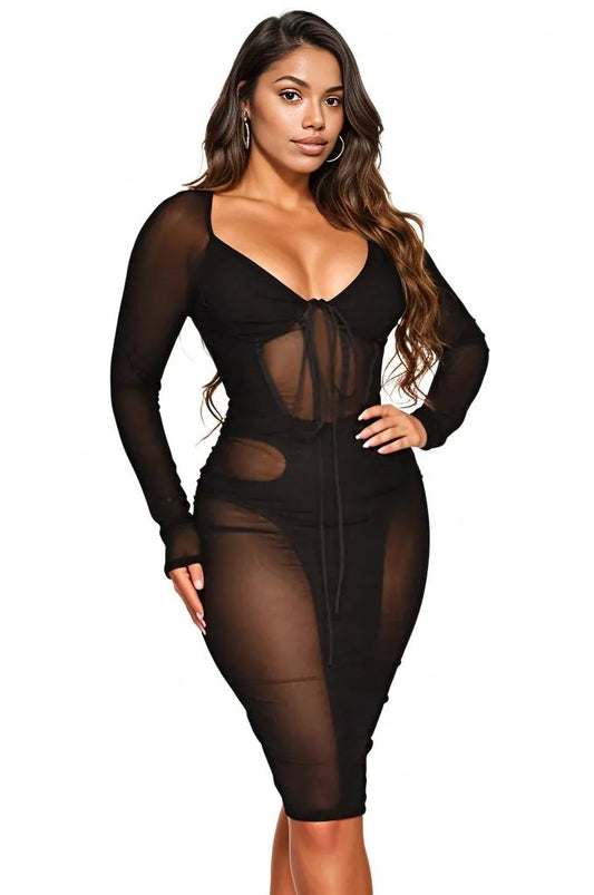 Black Mesh Long Sleeve Midi Sexy Party Dress