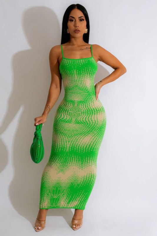 Green Optical Illusion Print Fitted Sexy Maxi Party Dress