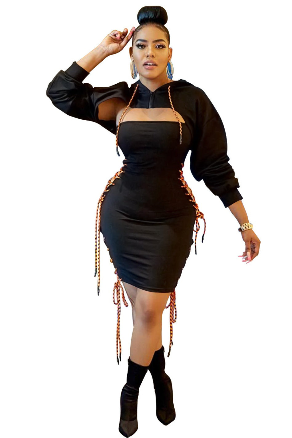 Black Hoodie Lace-Up Cut-Out Sexy Dress Outfit