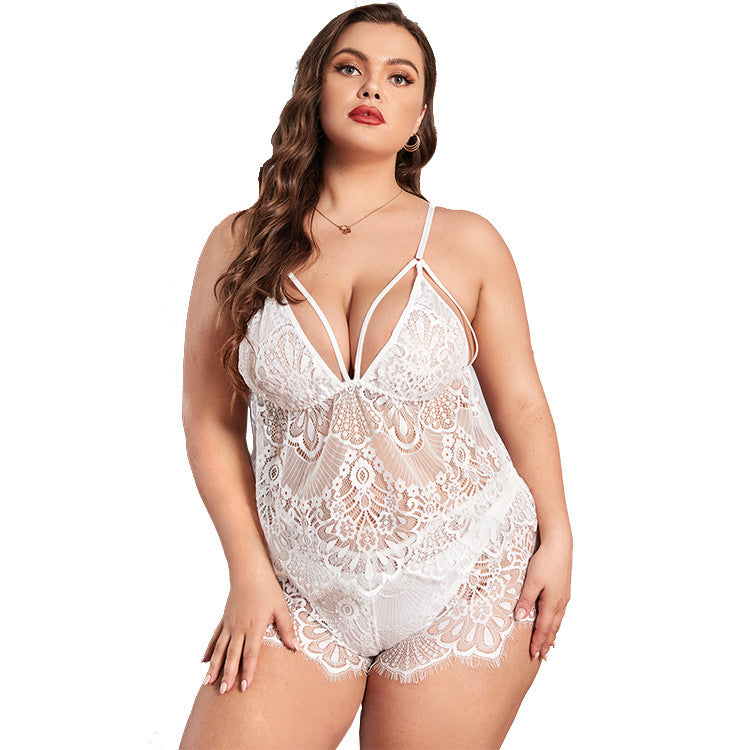 Plus Size Deep V seductive Lingerie, See-Through Suspender