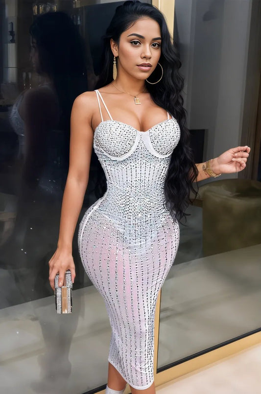 White Sleeveless Rhinestone Mesh Sexy Midi Party Dress