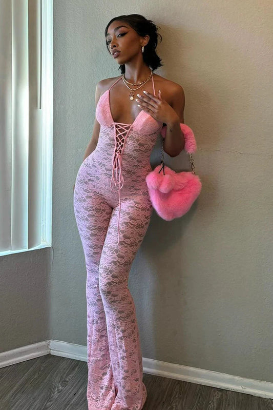 Pink Lace All Over Halter Sexy Bell Bottom Fitted Jumpsuit