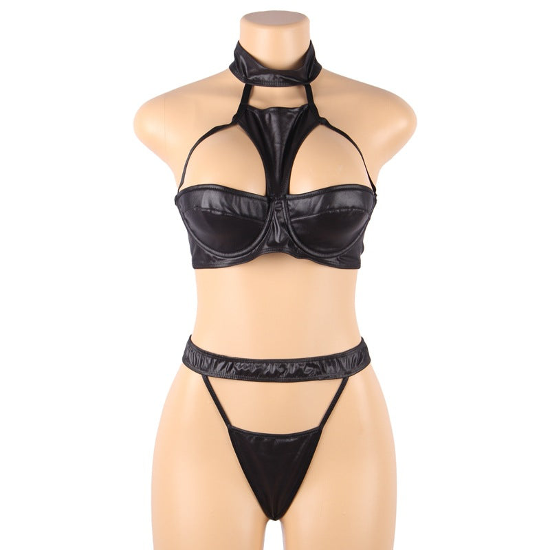 Plus Size Faux Leather Three Point Bra Set seductive Uniform