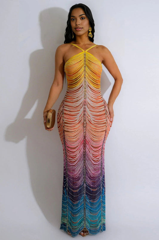 Rainbow Multi Rhinestone Cascade Layers Mesh Sexy Halter Maxi Party Dress