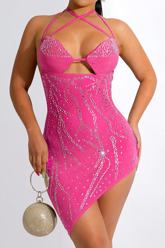 Pink Rhinestone Mesh Strappy Cut-Out Asymmetrical Sexy Party Dress