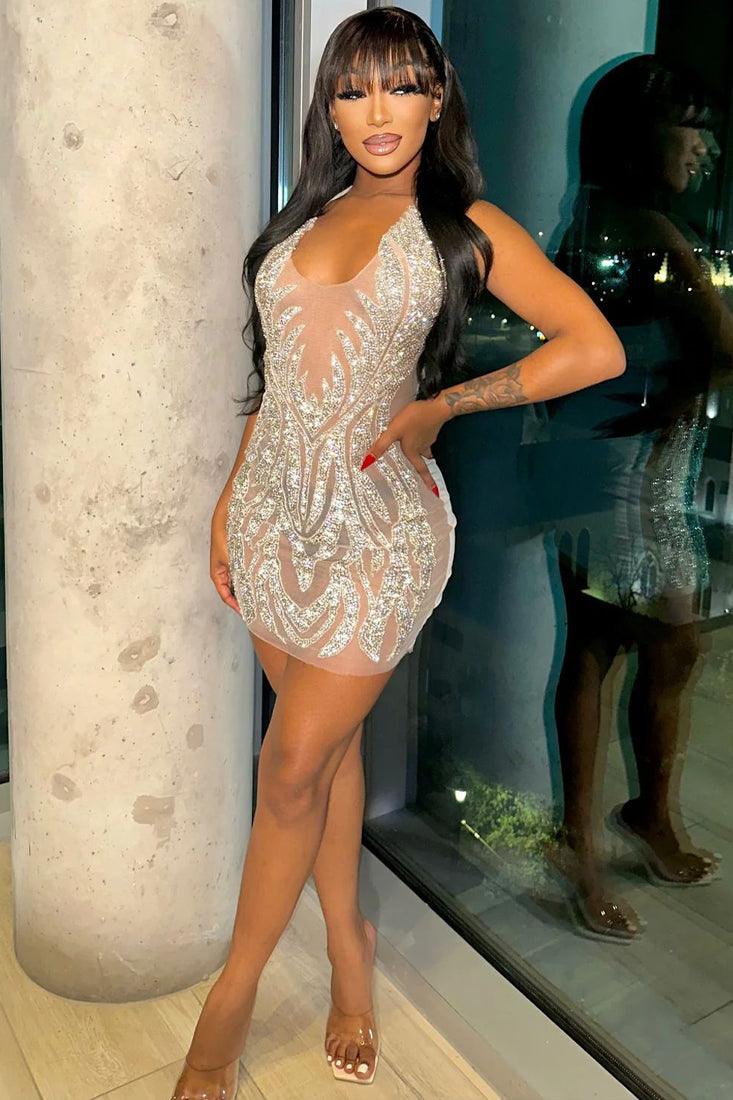 Beige Mesh Silver Rhinestone Halter Backless Sexy Party Dress