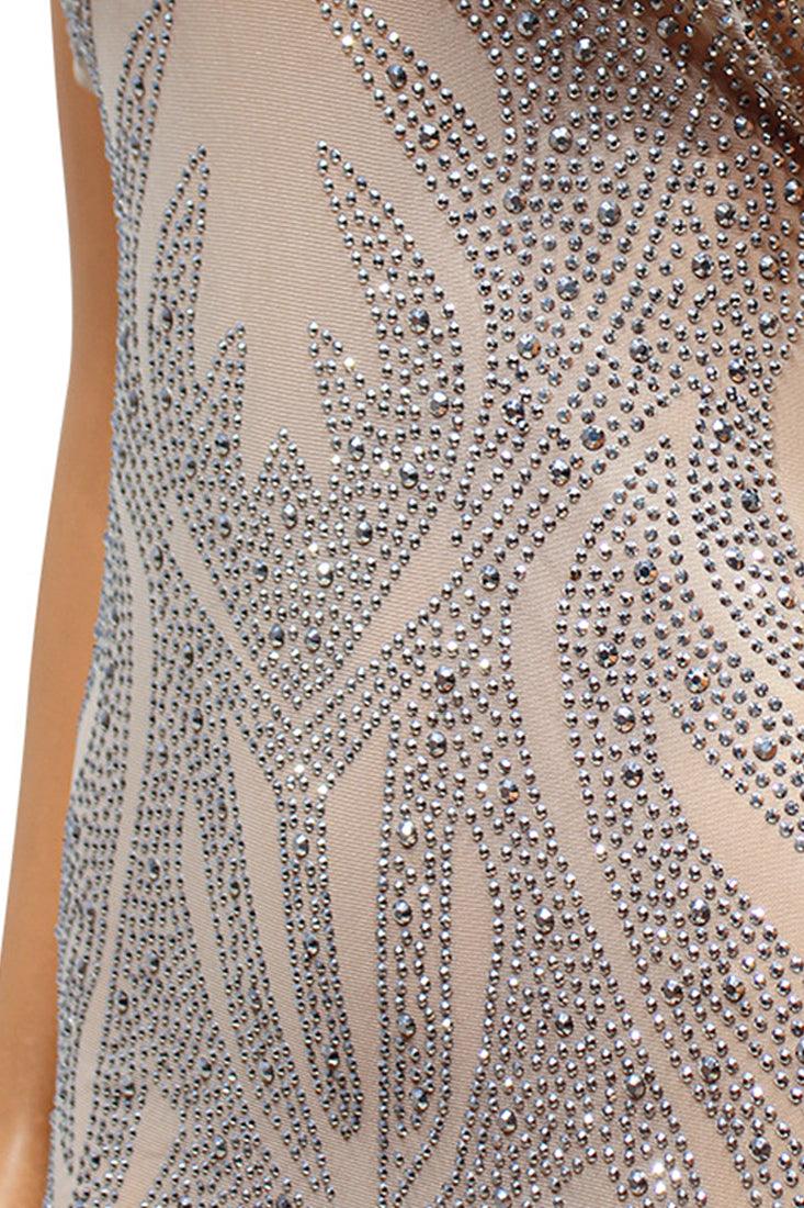 Beige Mesh Silver Rhinestone Halter Backless Sexy Party Dress