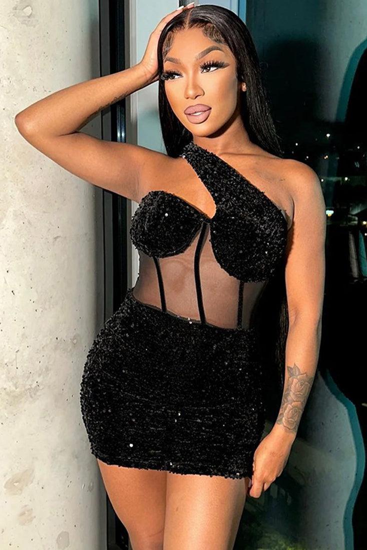 Black Sequins One Shoulder Mesh Boned Corset Waist Sexy Mini Party Dress