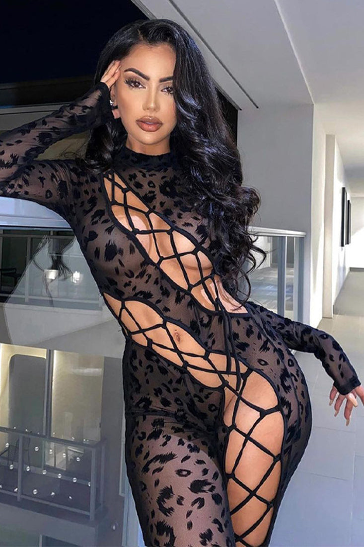 Black Mesh Velvet Leopard Print Lace-Up Sexy Fitted Long Jumpsuit