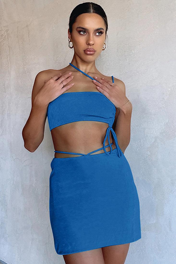 Blue Knitted Strappy Draw String Top Skirt 2Pc Dress Set