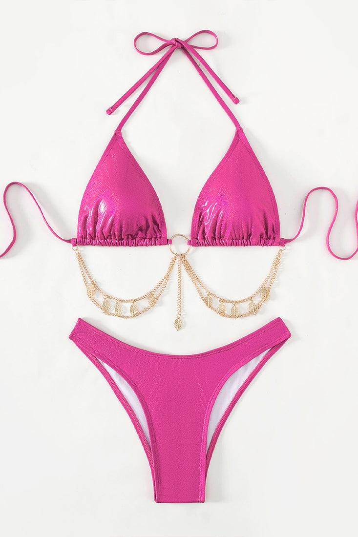 Hot Pink Holographic Metallic Gold Chain Cheeky 2Pc Swimsuit Bikini