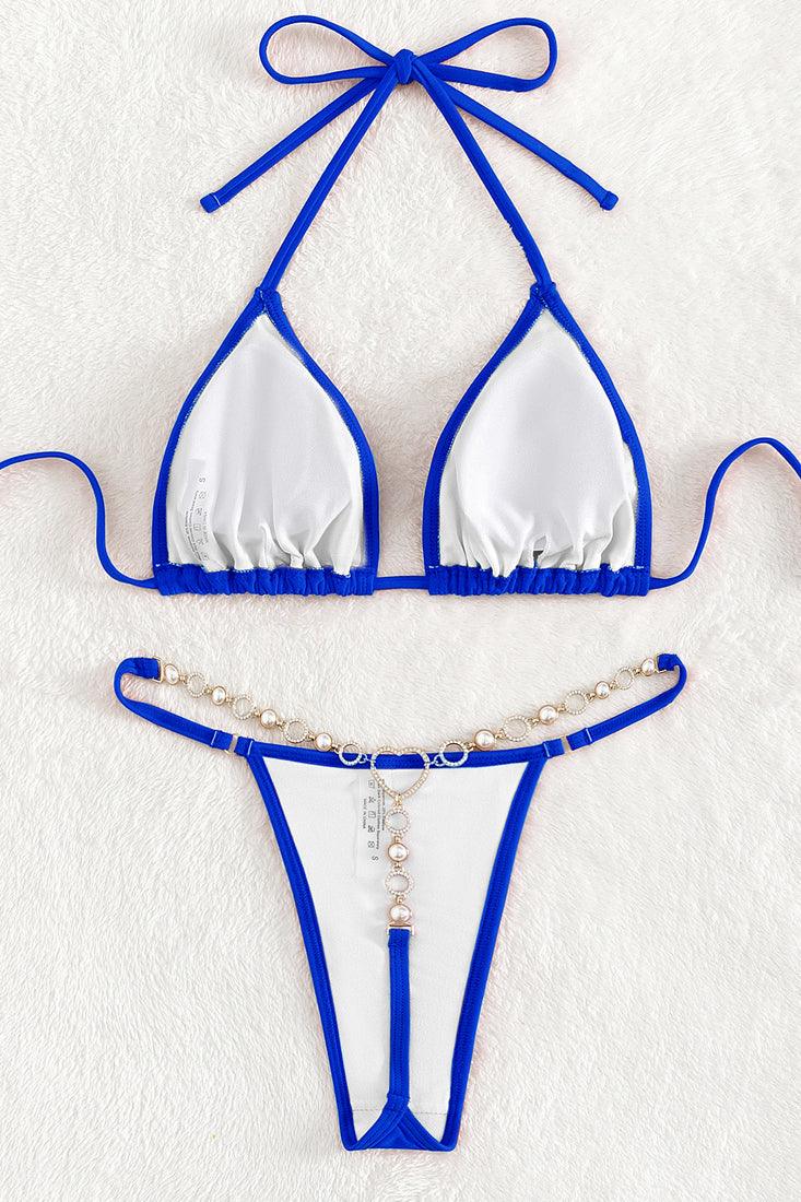 Royal Blue Heart Ring Rhinestone Thong 2Pc Swimsuit Set Bikini