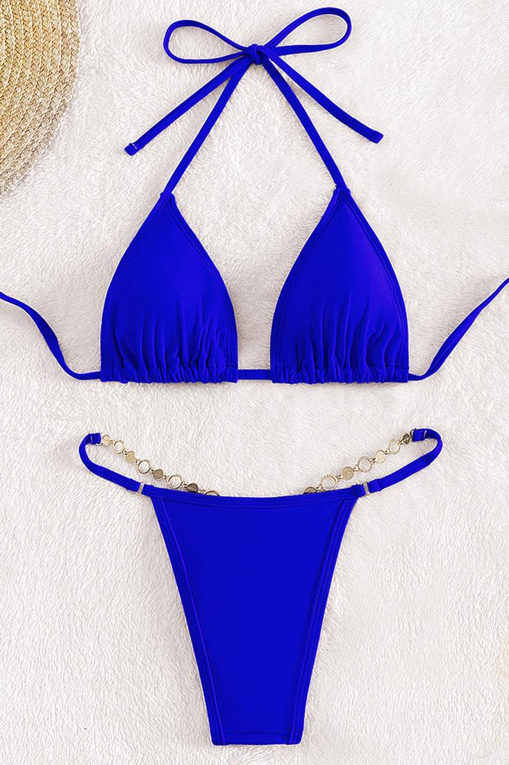 Royal Blue Heart Ring Rhinestone Thong 2Pc Swimsuit Set Bikini