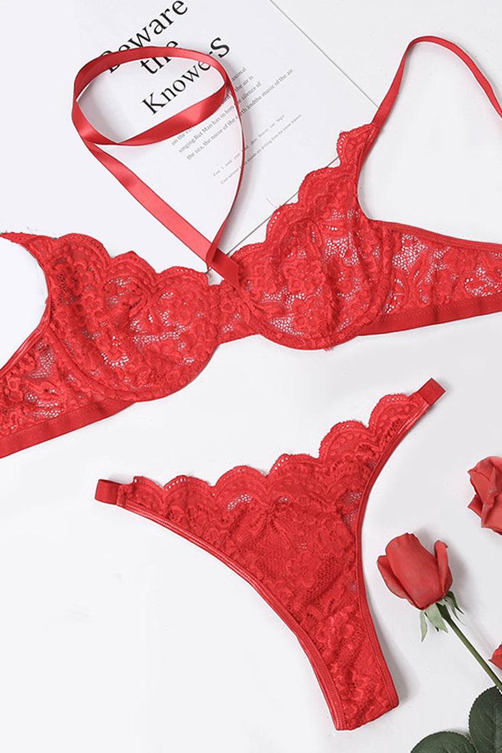 Red Lace Bra Thong Choker 3Pc Sexy Lingerie Set