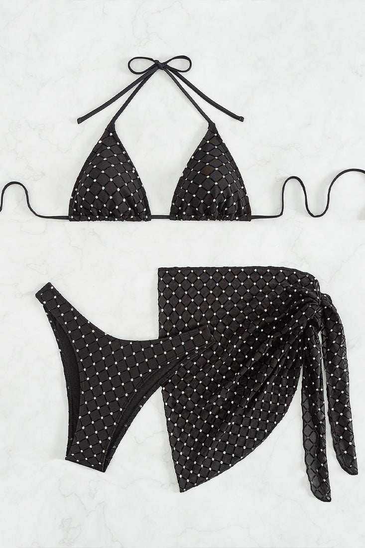 Black Silver Sparkly Triangle Cheeky Cover-Up 3Pc Swimsuit Set