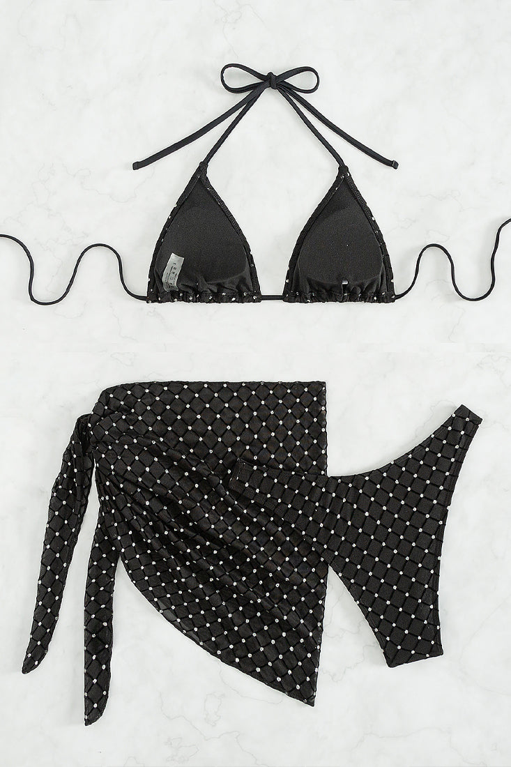 Black Silver Sparkly Triangle Cheeky Cover-Up 3Pc Swimsuit Set