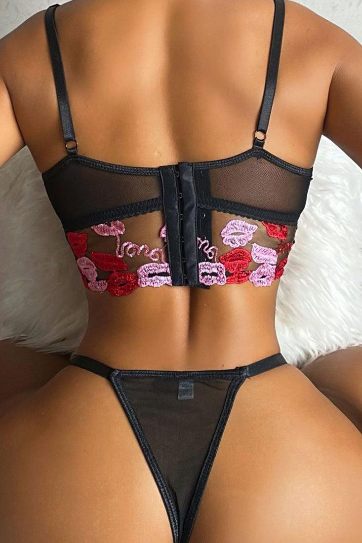 Black Red Lips Love Embroider Mesh Bra Thong 2Pc Sexy Lingerie