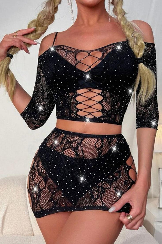 Black Rhinestones Netted Stretchy Top Skirt 2Pc Dress Set