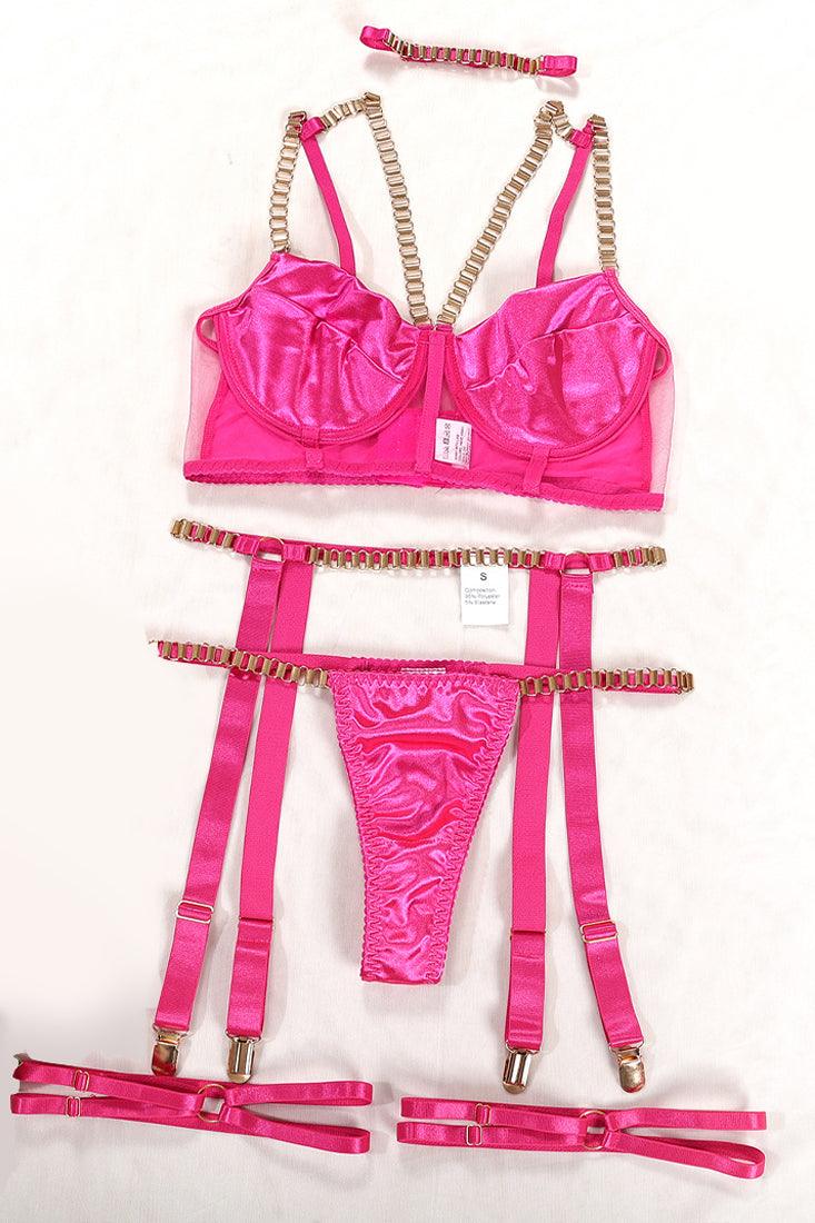 Hot Pink Satin Mesh Chain 6 Pc Thong Garter Lingerie Set