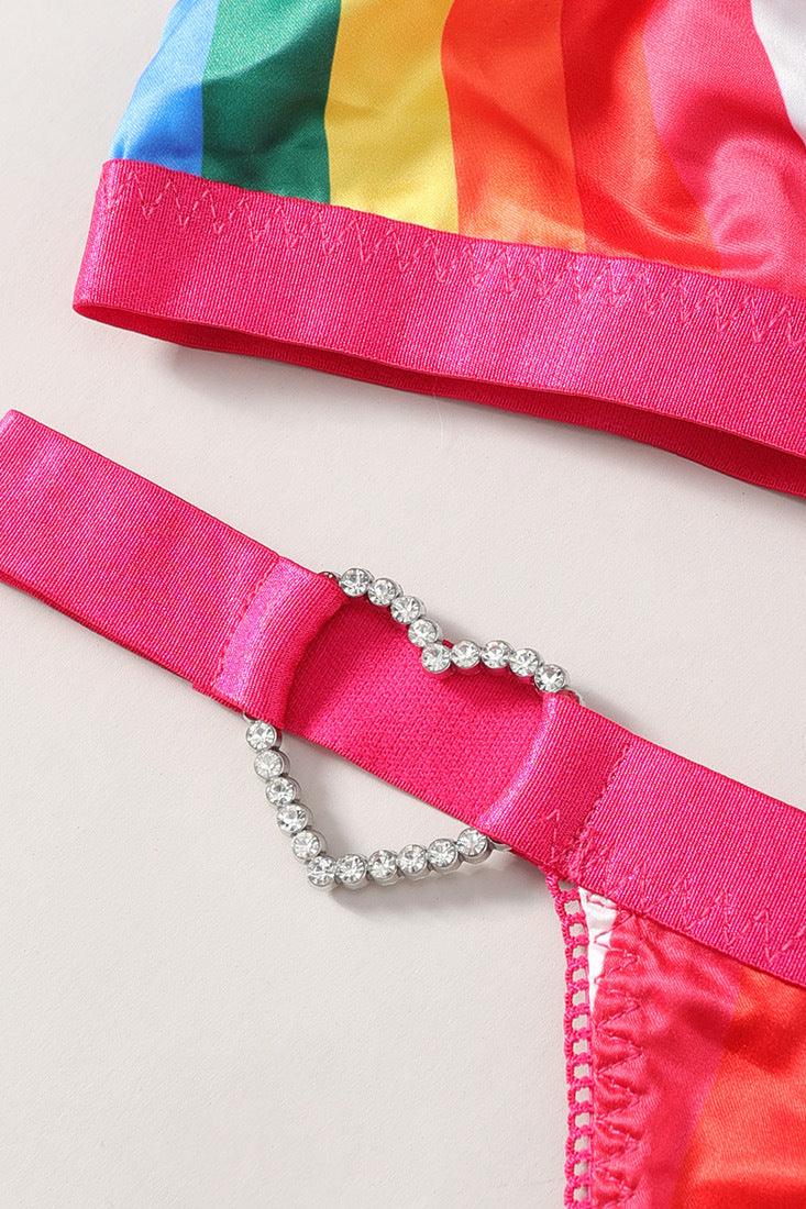 Pink Rainbow Satin Strappy Bling Heart Thong 2Pc Lingerie Set