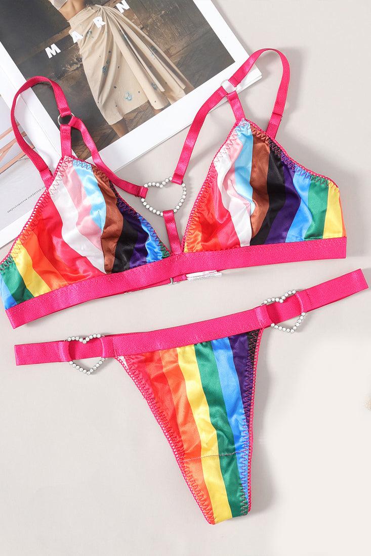 Pink Rainbow Satin Strappy Bling Heart Thong 2Pc Lingerie Set