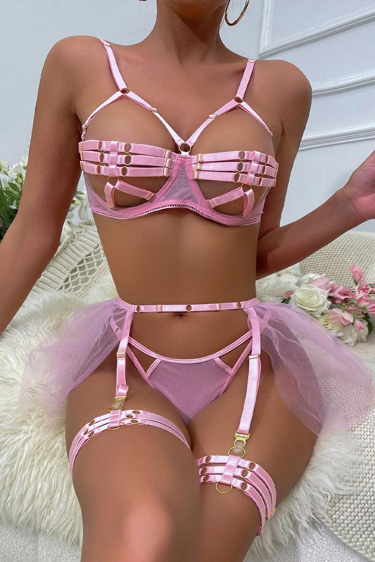 Light Pink Bandage Strappy Buckles Tutu Garter Thong 5 Pc Lingerie Set