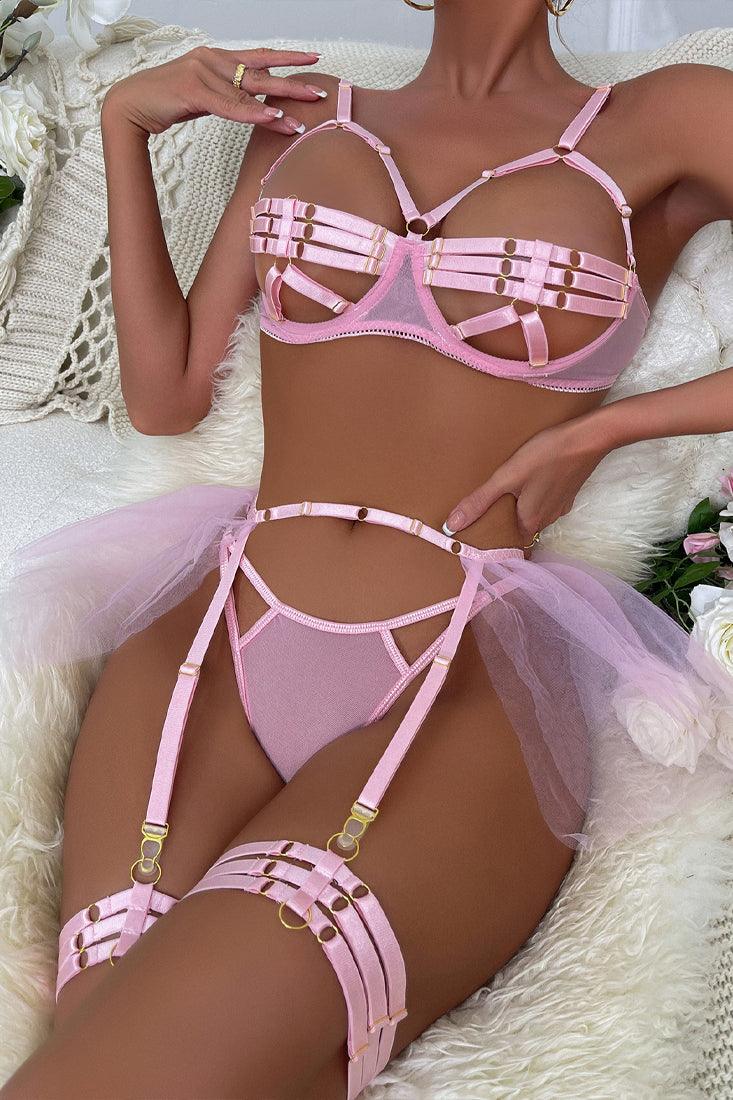 Light Pink Bandage Strappy Buckles Tutu Garter Thong 5 Pc Lingerie Set