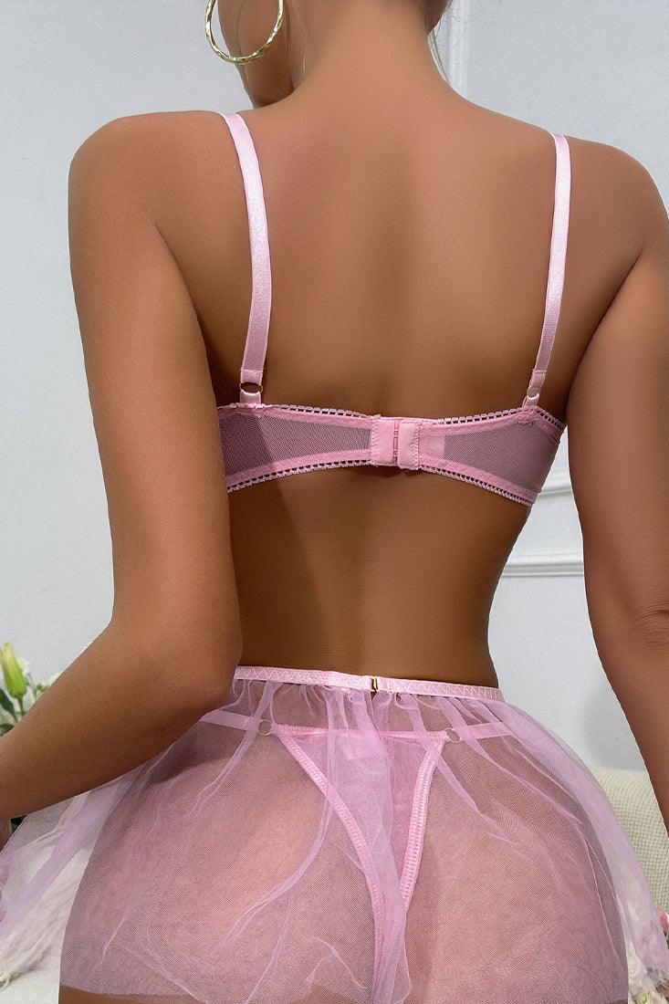 Light Pink Bandage Strappy Buckles Tutu Garter Thong 5 Pc Lingerie Set