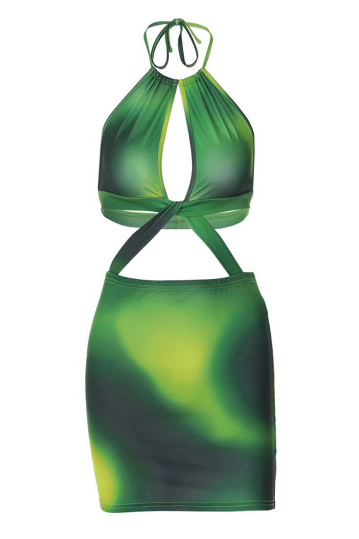 Green Tie Dye Halter Cut-Out Twisted Sexy Fitted Dress