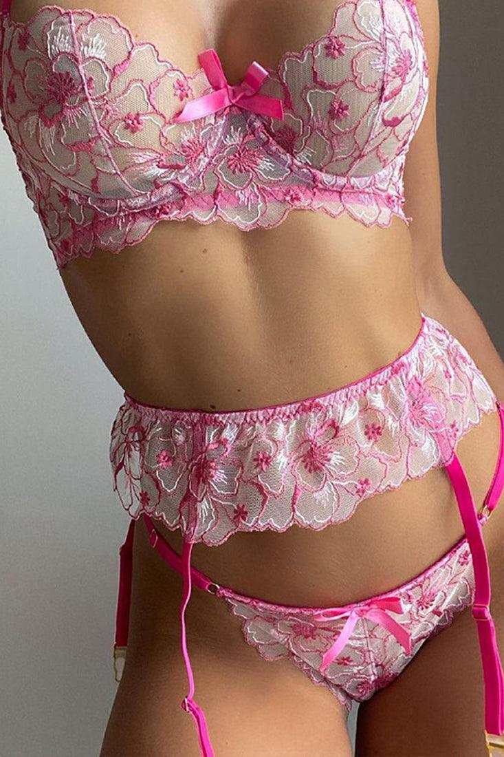 Pink Flower Embroider Mesh Bra Thong Garter Sexy 3Pc Lingerie Set