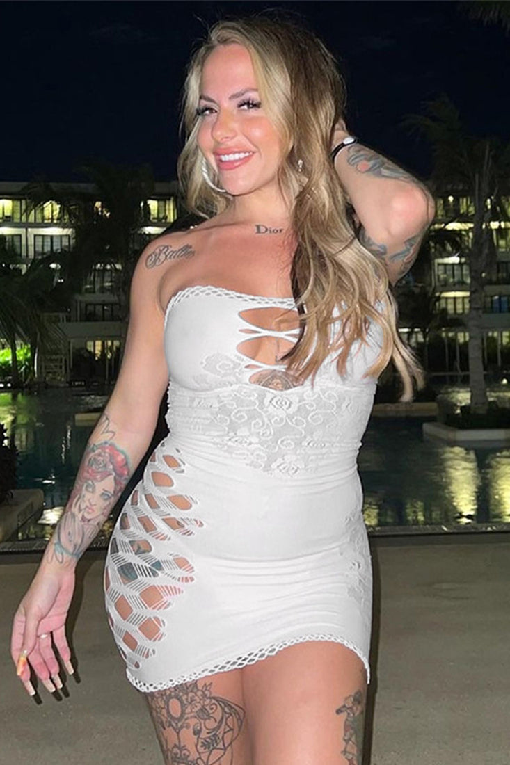 White Strapless Stretchy Netted Sexy Dress