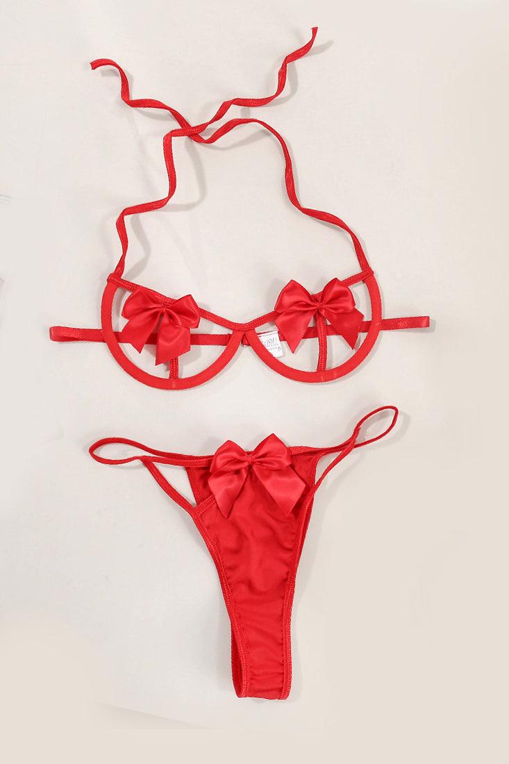 Red Cage Wired Bow Strappy 2Pc Thong Sexy Lingerie Set