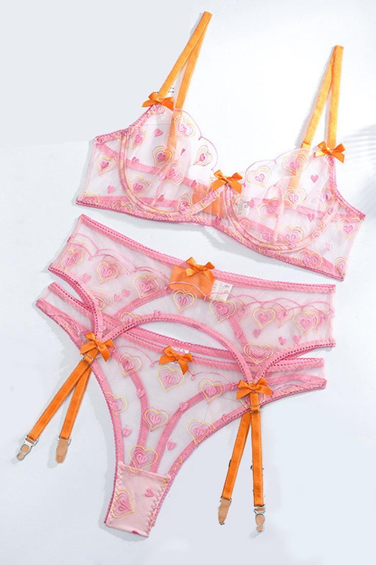 Pink Neon Orange Heart Lace Mesh Thong Garter Sexy 3Pc Lingerie Set