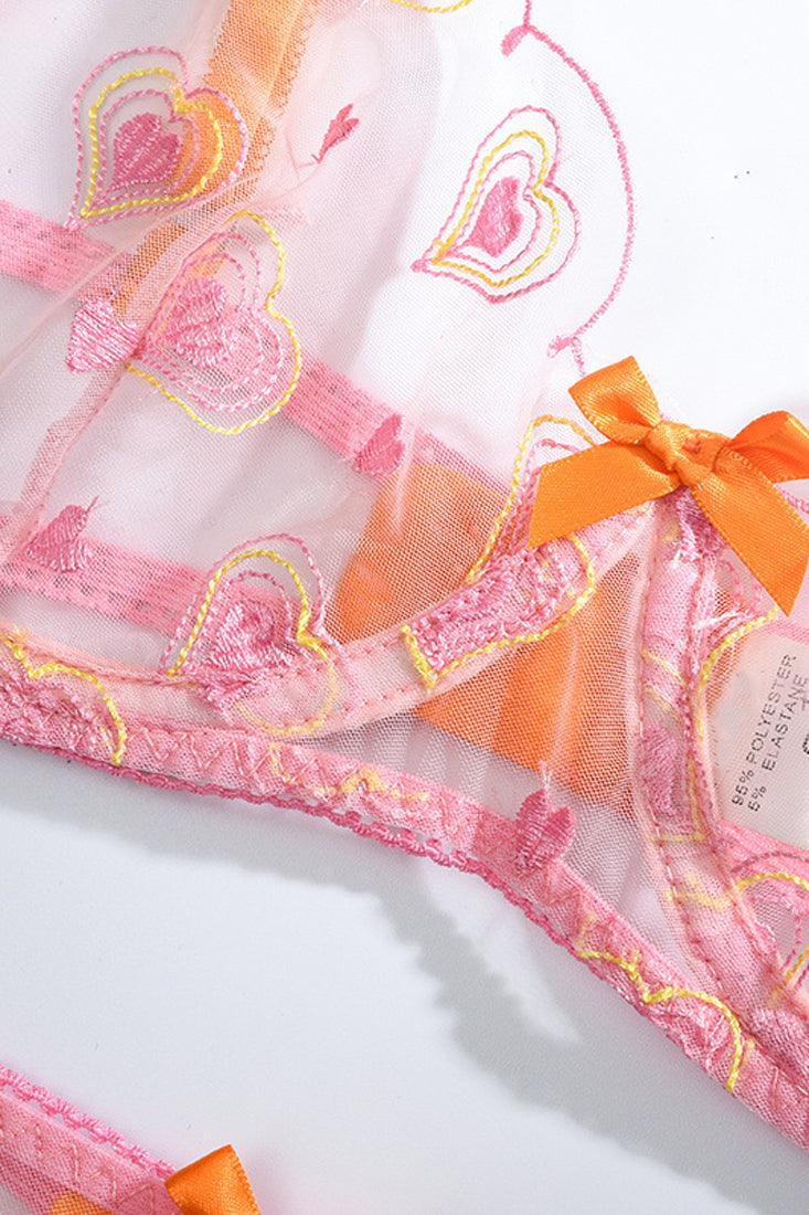 Pink Neon Orange Heart Lace Mesh Thong Garter Sexy 3Pc Lingerie Set