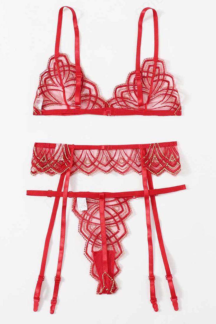 Red Gold Mesh Lace Garter Thong Sexy 3Pc Lingerie Set