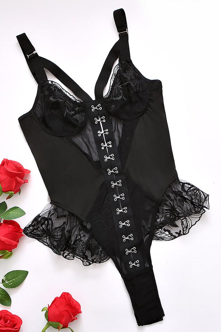 Black Butterfly Lace Mesh Hook Bandage Ruffle Sexy Teddy Lingerie Bodysuit