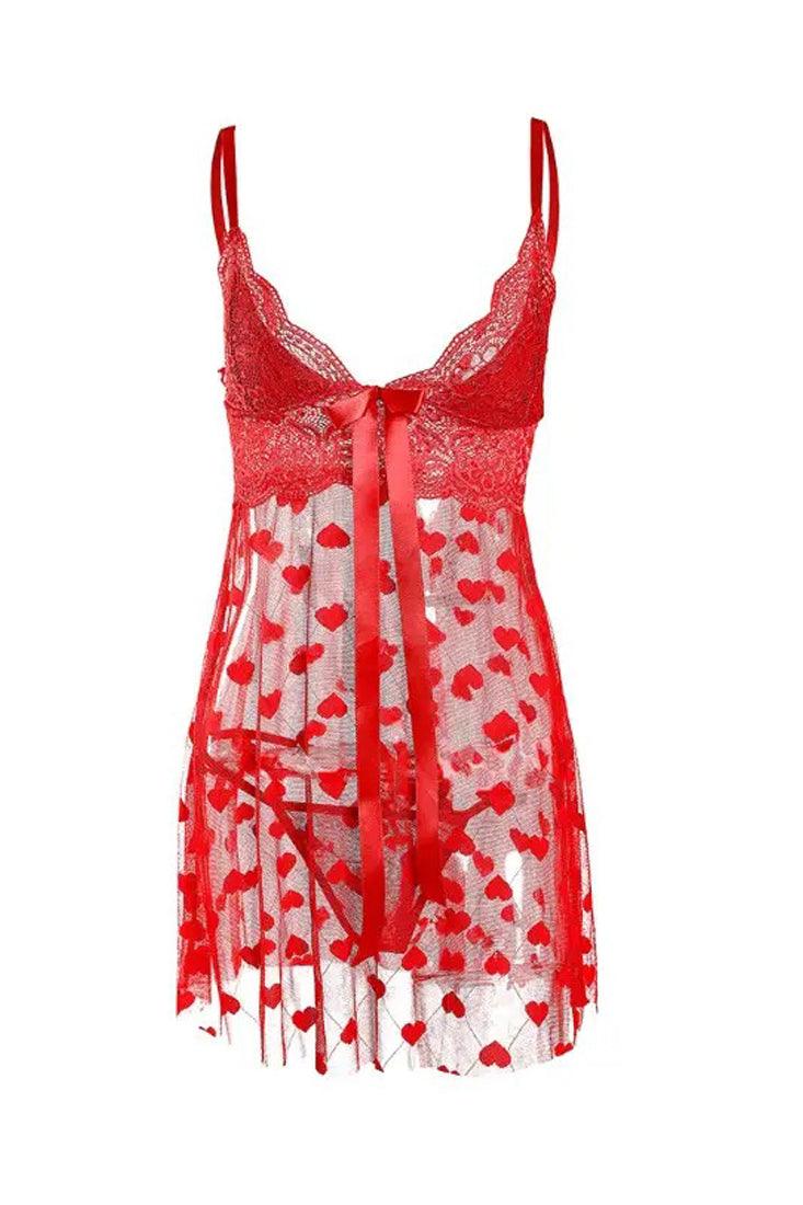 Red Heart Printed Mesh Lace Bow Teddy Slip Thong 2Pc Lingerie Set