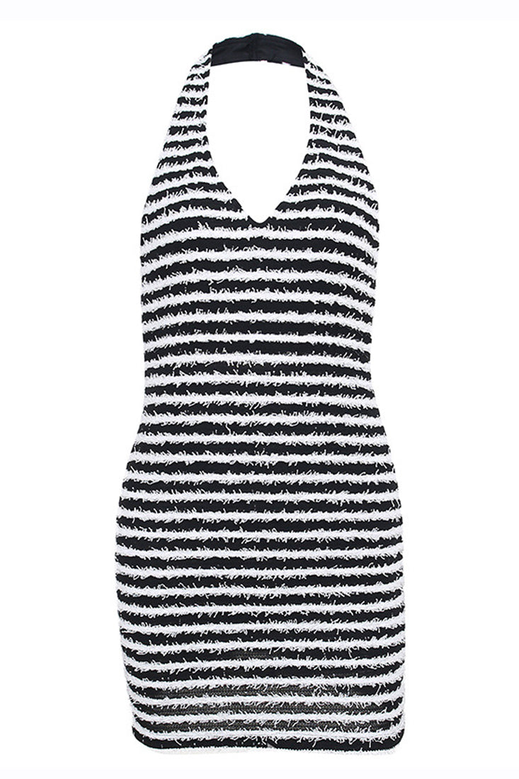 Black White Stripe Fuzzy Fabric Halter Backless Sexy Dress