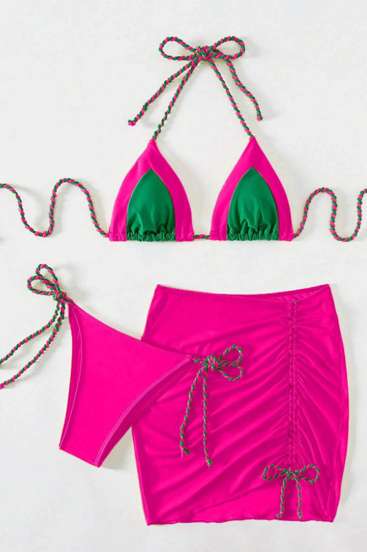 Hot Pink Lime Braided Strap Triangle Skirt Cover-Up 3Pc Swimsuit Set